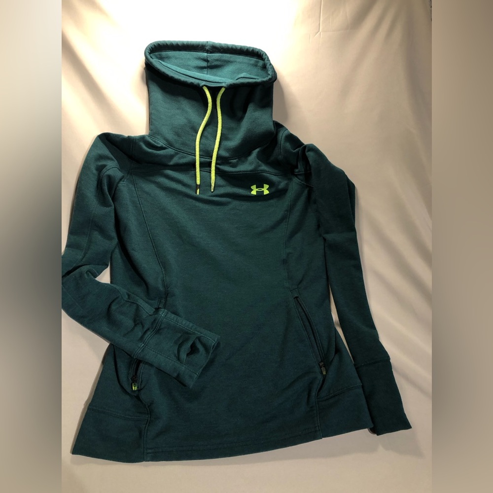 Woman’s under amour fleece hunter green slouchy neck sweater w/drawstring sizeXS
